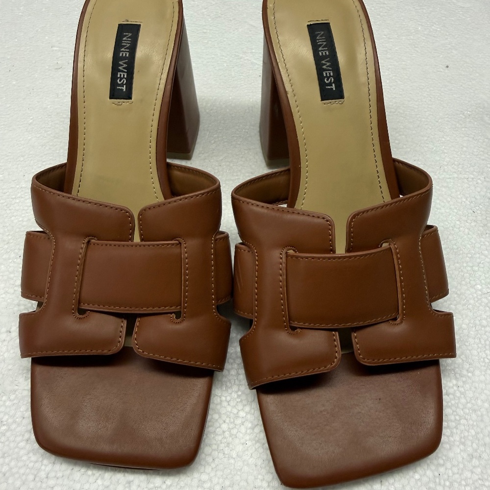 Nine West Kaelyn Square Toe Slip-On Dress Sandals 9M -Medium Brown-